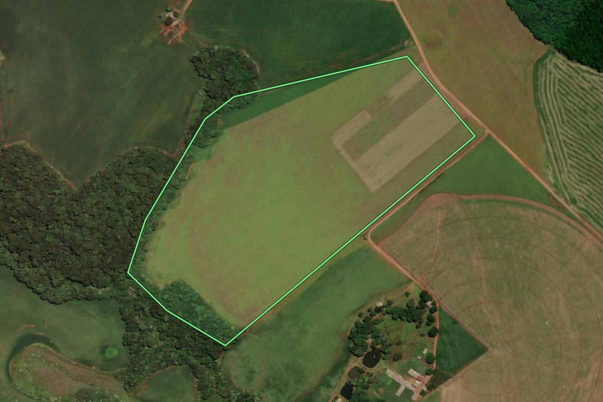 Imagem de satélite do imóvel rural em Santo Antônio do Planalto (RS), com o contorno declarado no CAR desenhado por cima.
