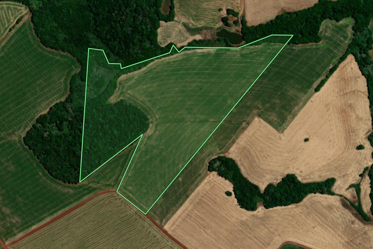 Imagem de satélite do imóvel rural em Santo Antônio do Planalto (RS), com o contorno declarado no CAR desenhado por cima.