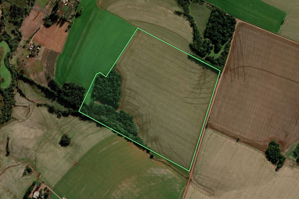 Imagem de satélite do imóvel rural em Santo Augusto (RS), com o contorno declarado no CAR desenhado por cima.