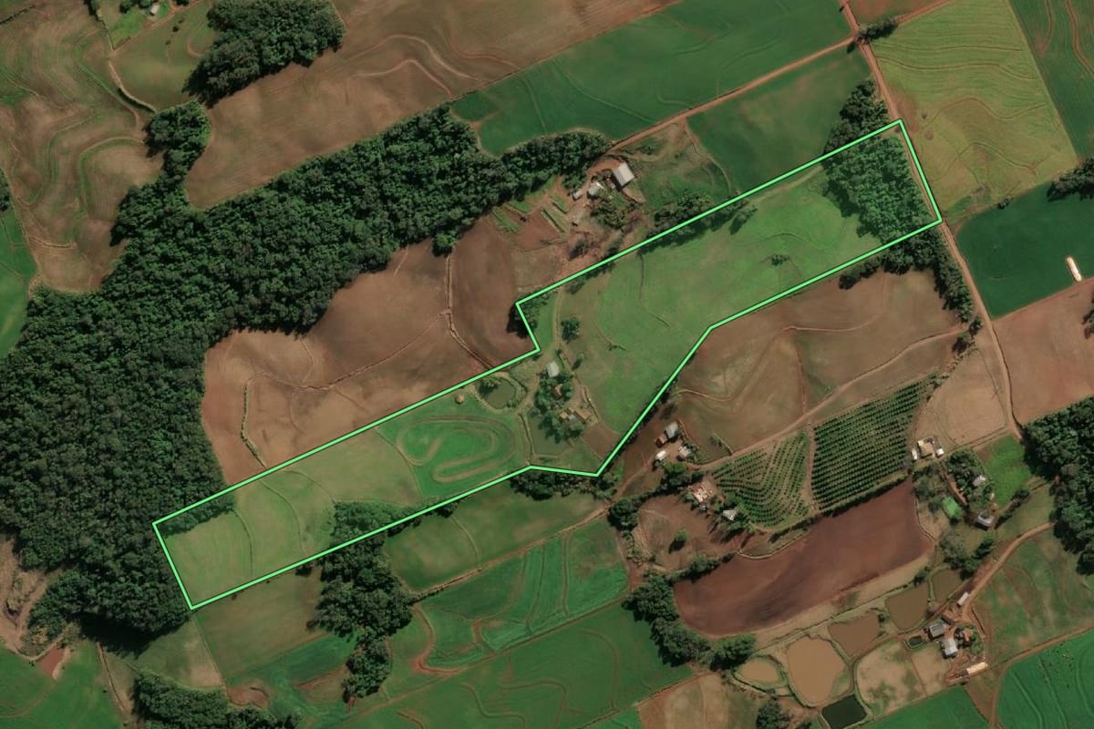 Imagem de satélite do imóvel rural em Santo Cristo (RS), com o contorno declarado no CAR desenhado por cima.