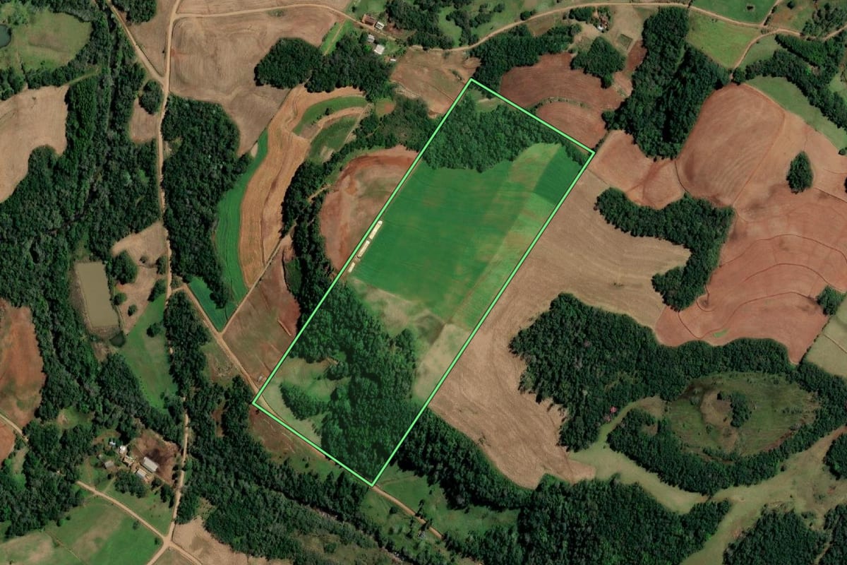Imagem de satélite do imóvel rural em Santo Cristo (RS), com o contorno declarado no CAR desenhado por cima.