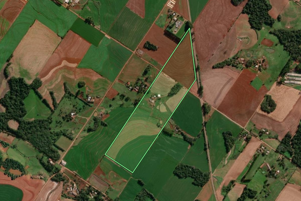 Imagem de satélite do imóvel rural em Santo Cristo (RS), com o contorno declarado no CAR desenhado por cima.