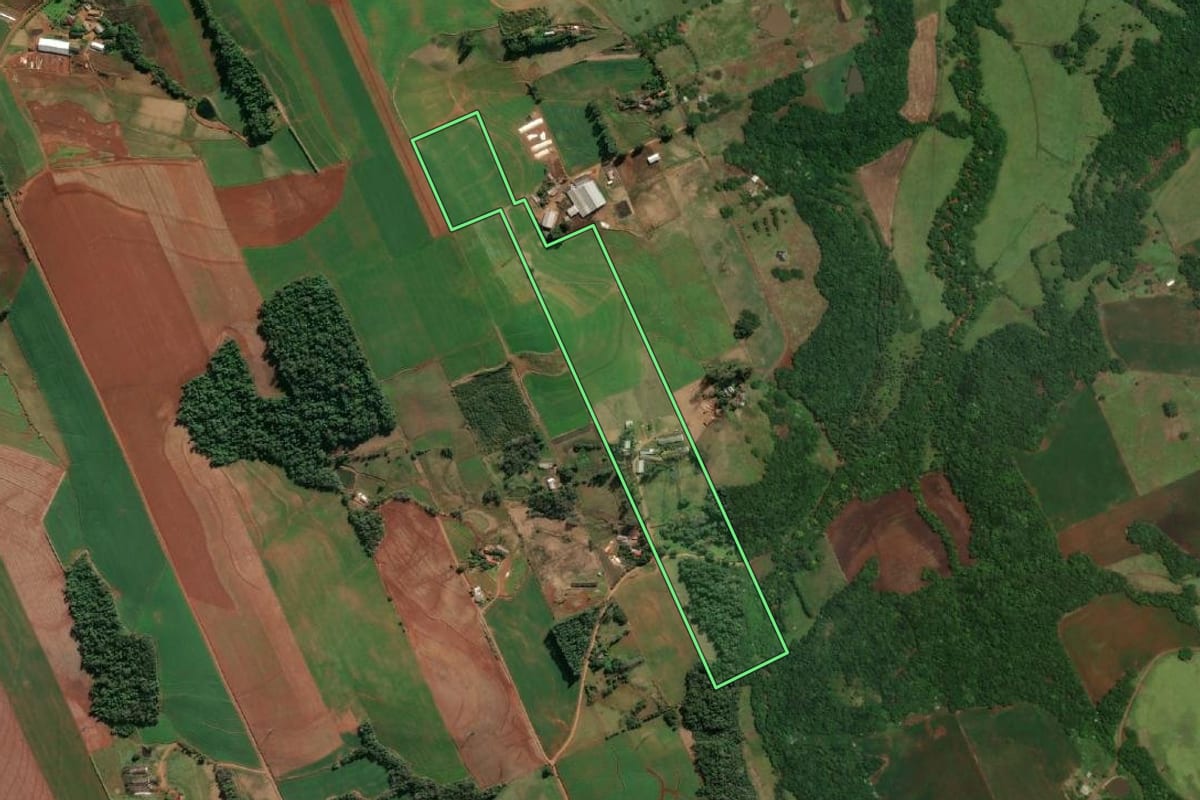 Imagem de satélite do imóvel rural em Santo Cristo (RS), com o contorno declarado no CAR desenhado por cima.