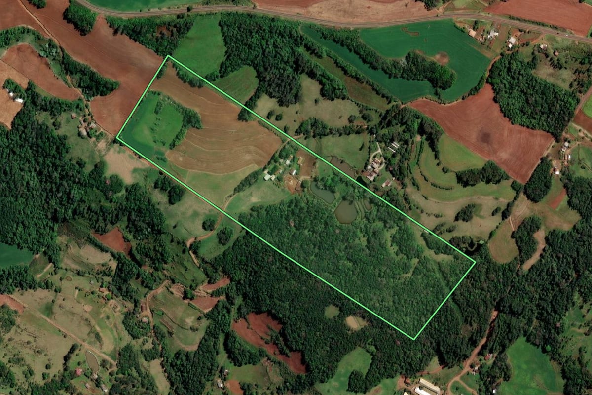 Imagem de satélite do imóvel rural em Santo Cristo (RS), com o contorno declarado no CAR desenhado por cima.