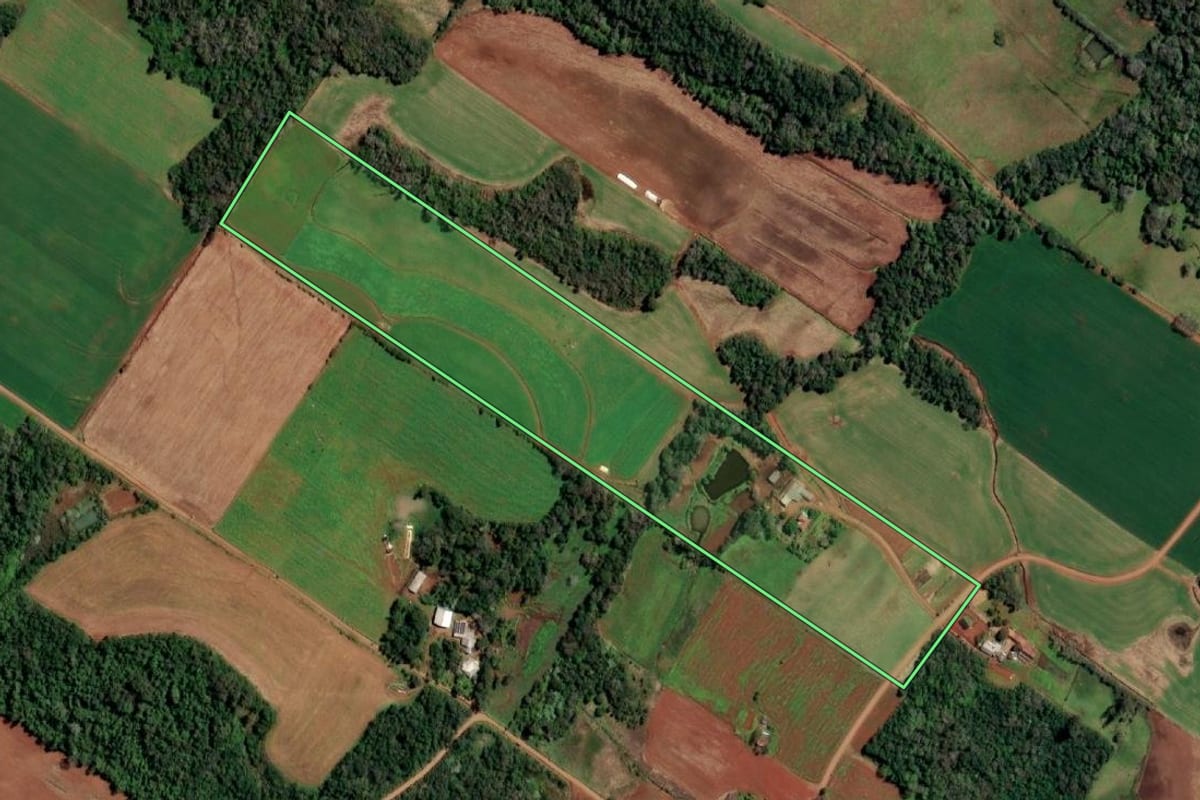 Imagem de satélite do imóvel rural em Santo Cristo (RS), com o contorno declarado no CAR desenhado por cima.