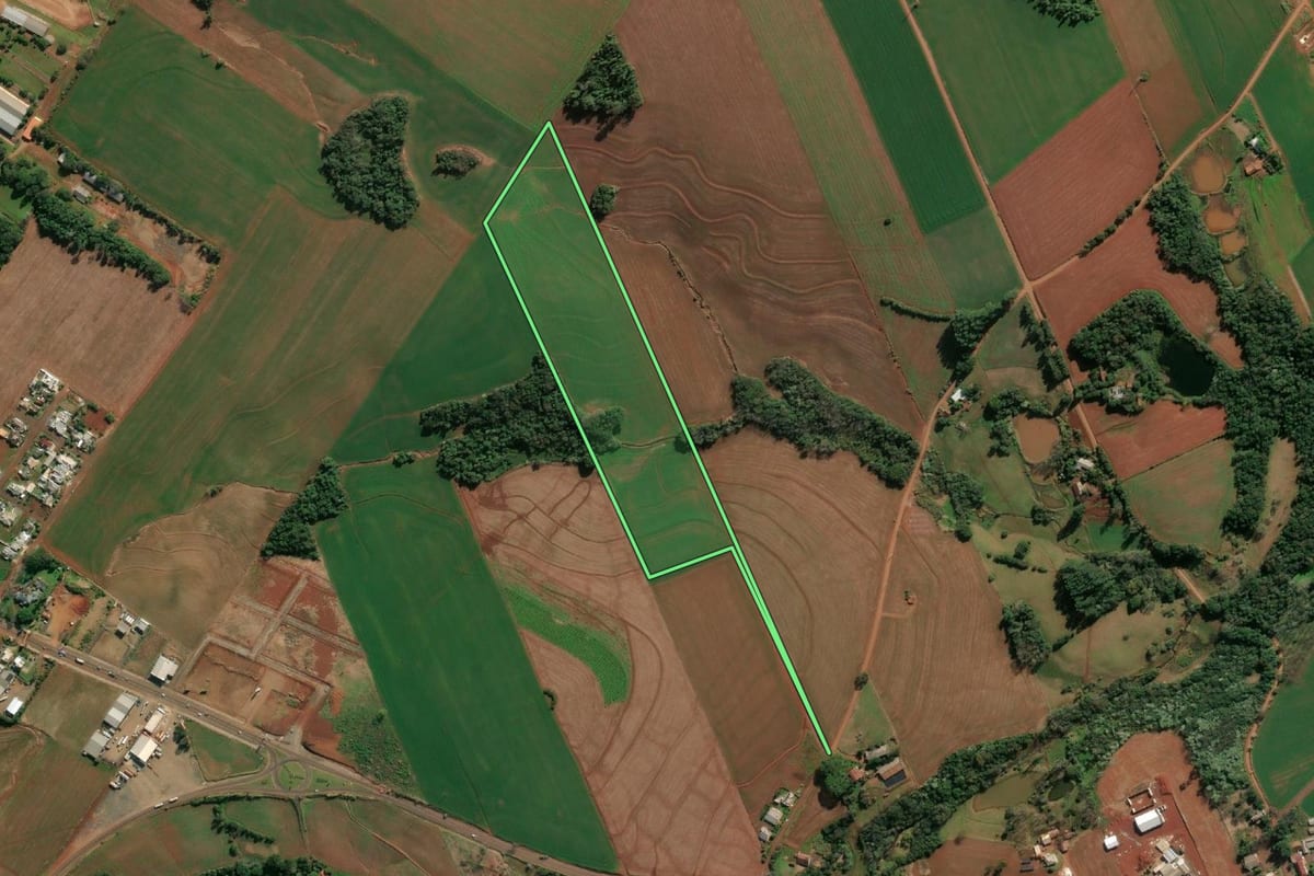 Imagem de satélite do imóvel rural em Santo Cristo (RS), com o contorno declarado no CAR desenhado por cima.
