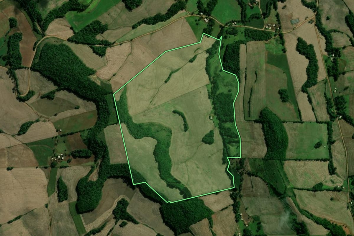 Imagem de satélite do imóvel rural em Santo Expedito do Sul (RS), com o contorno declarado no CAR desenhado por cima.