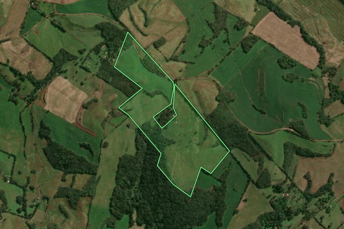 Imagem de satélite do imóvel rural em Santo Expedito do Sul (RS), com o contorno declarado no CAR desenhado por cima.