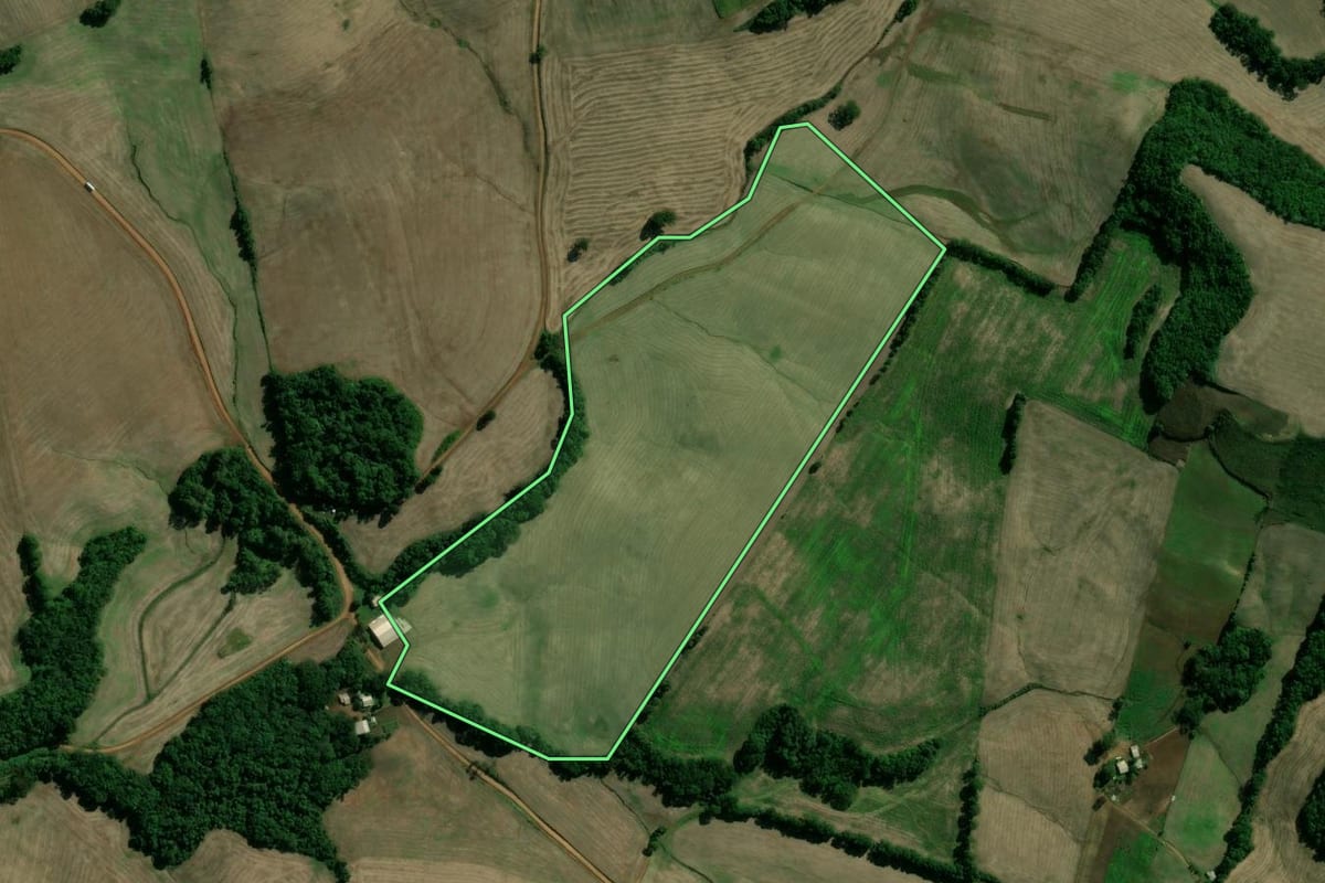 Imagem de satélite do imóvel rural em Santo Expedito do Sul (RS), com o contorno declarado no CAR desenhado por cima.