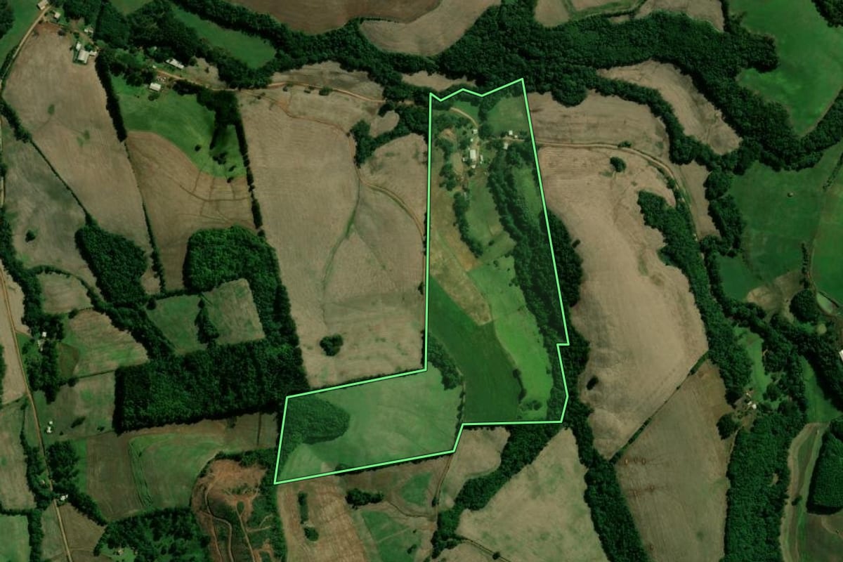 Imagem de satélite do imóvel rural em Santo Expedito do Sul (RS), com o contorno declarado no CAR desenhado por cima.