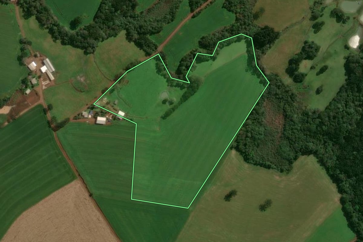 Imagem de satélite do imóvel rural em Santo Expedito do Sul (RS), com o contorno declarado no CAR desenhado por cima.
