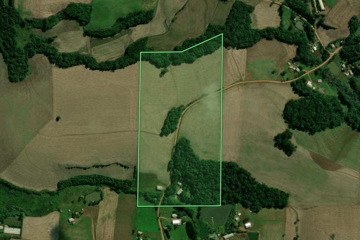 Imagem de satélite do imóvel rural em Santo Expedito do Sul (RS), com o contorno declarado no CAR desenhado por cima.