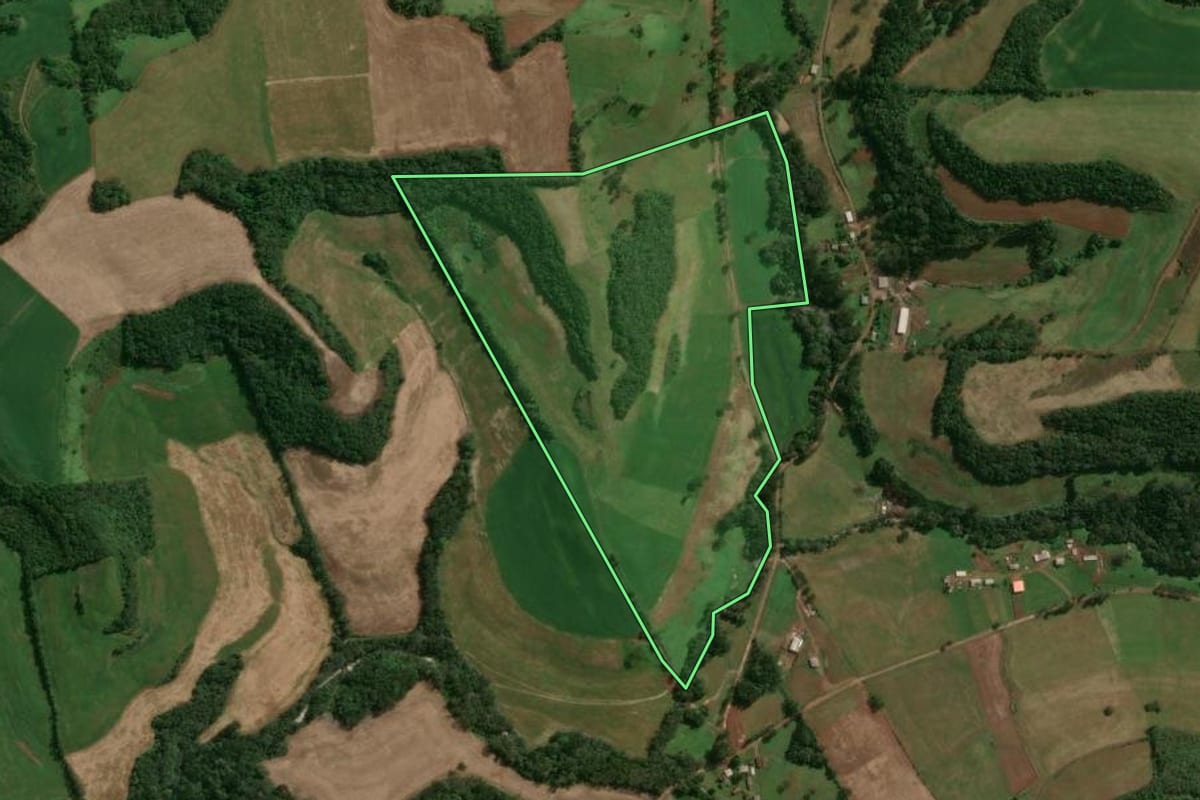 Imagem de satélite do imóvel rural em Santo Expedito do Sul (RS), com o contorno declarado no CAR desenhado por cima.
