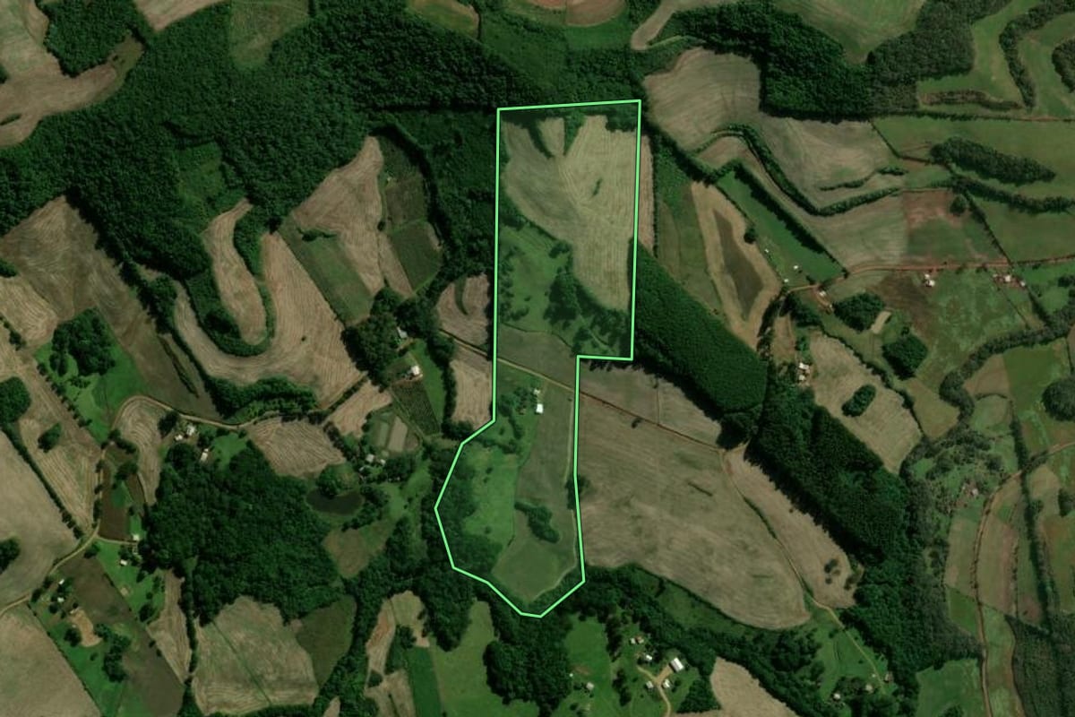 Imagem de satélite do imóvel rural em Santo Expedito do Sul (RS), com o contorno declarado no CAR desenhado por cima.