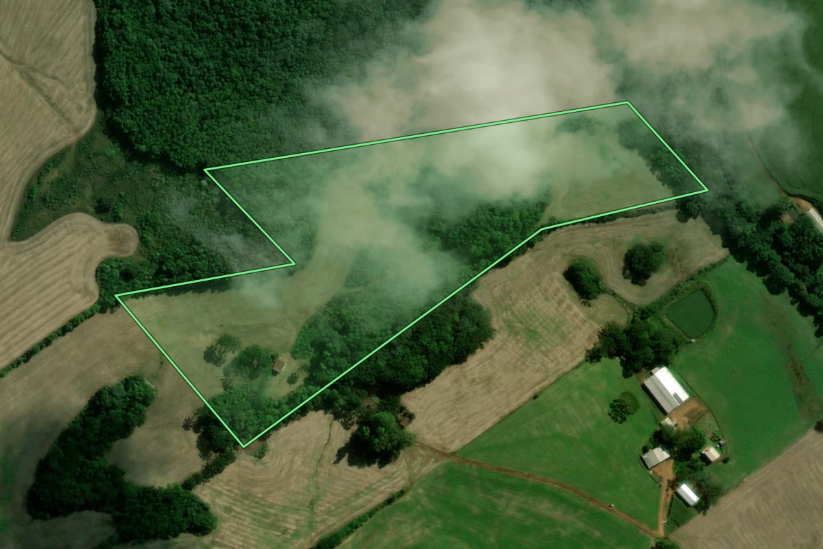Imagem de satélite do imóvel rural em Santo Expedito do Sul (RS), com o contorno declarado no CAR desenhado por cima.
