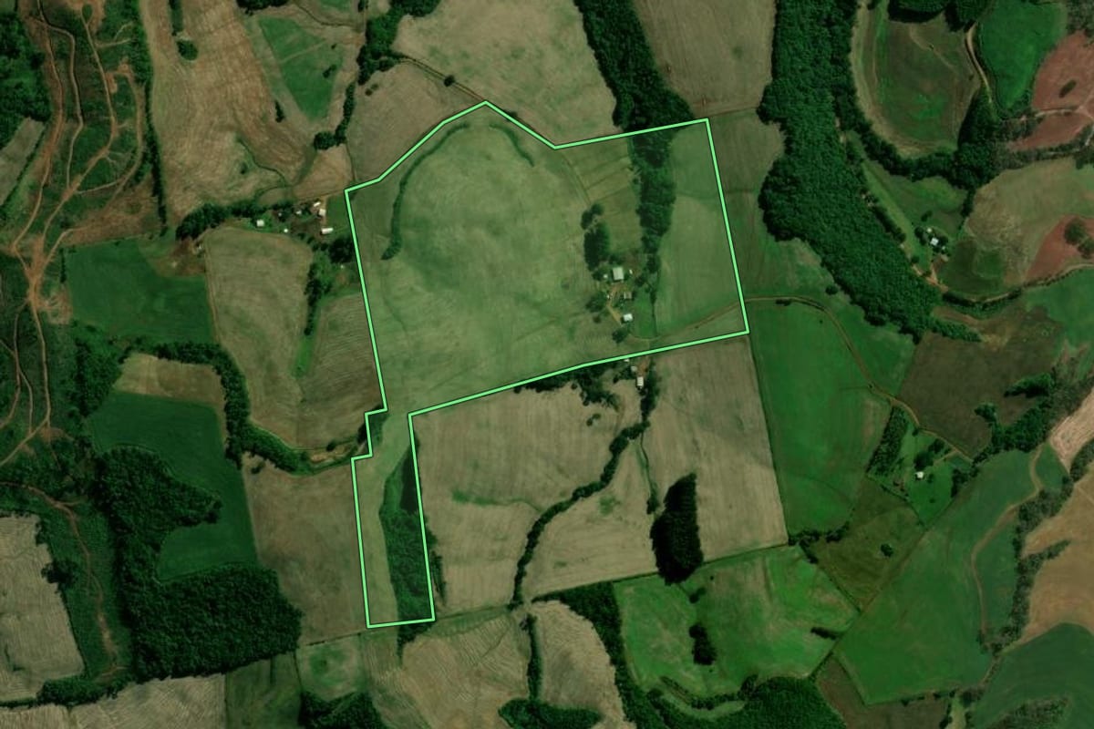 Imagem de satélite do imóvel rural em Santo Expedito do Sul (RS), com o contorno declarado no CAR desenhado por cima.