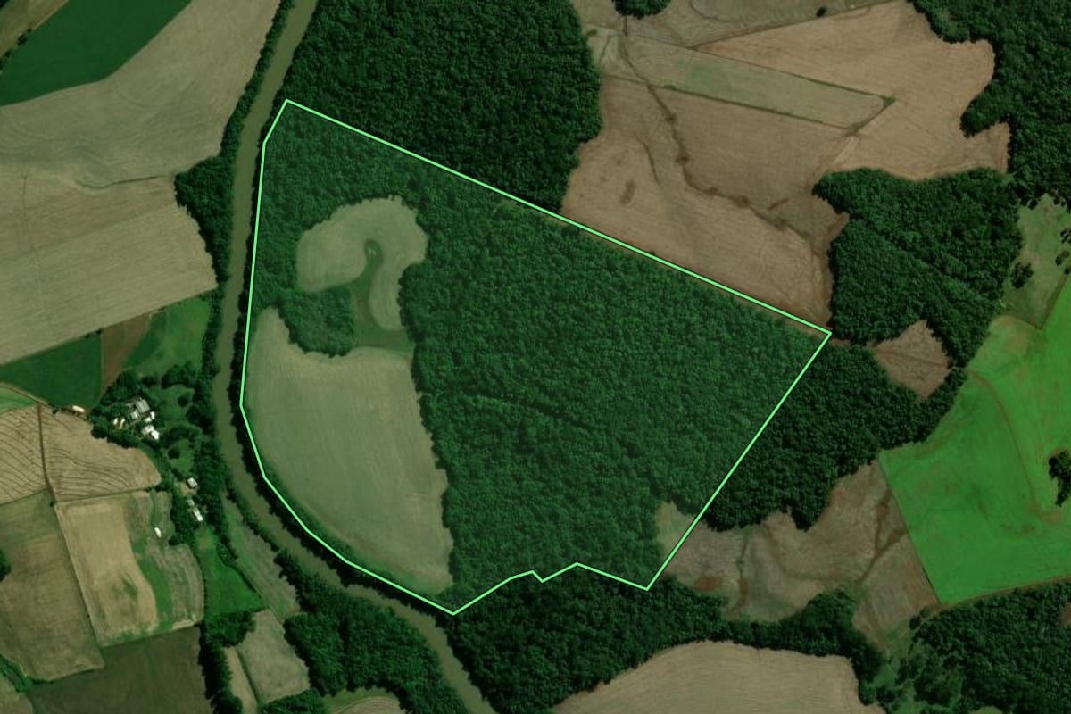 Imagem de satélite do imóvel rural em Santo Expedito do Sul (RS), com o contorno declarado no CAR desenhado por cima.