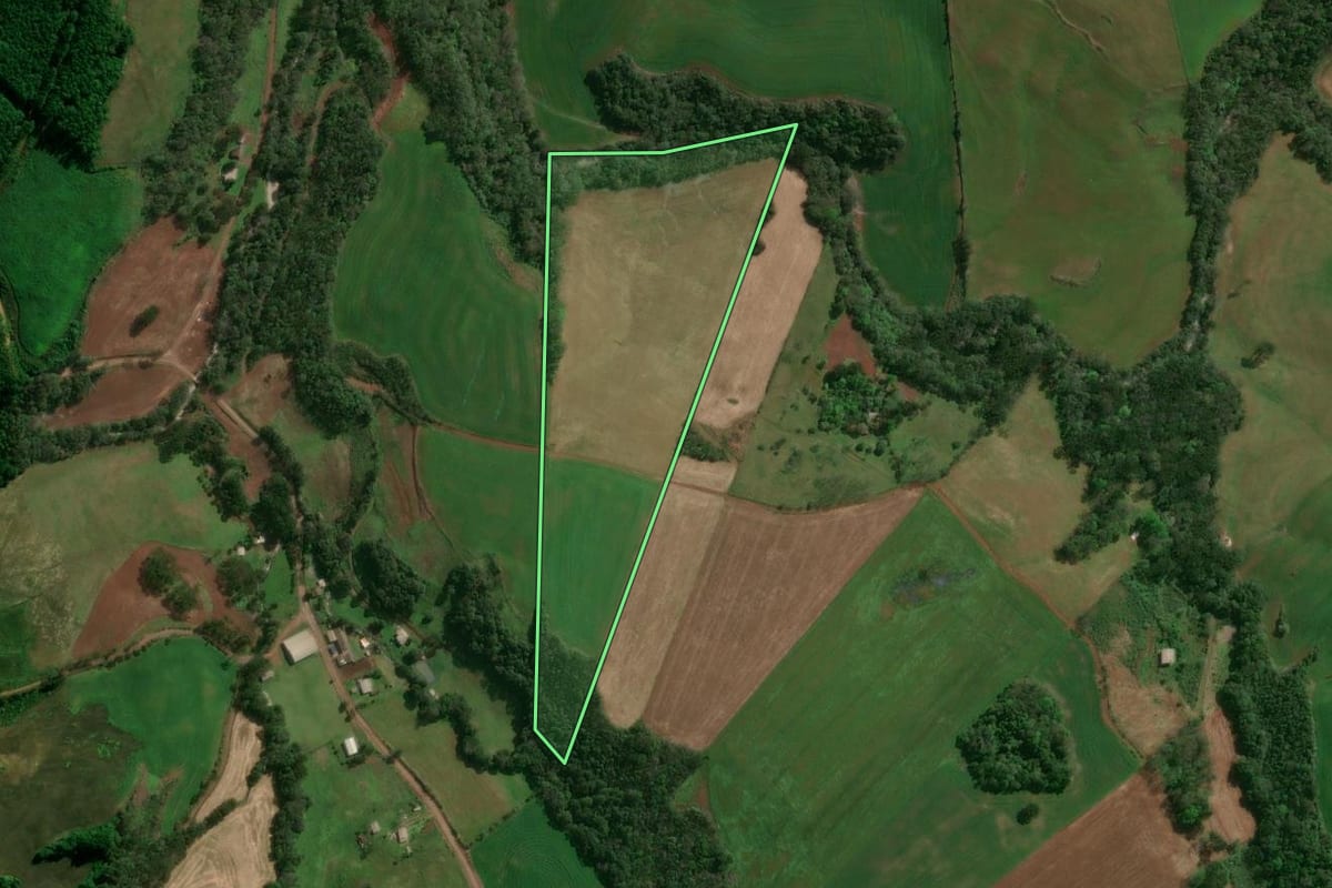 Imagem de satélite do imóvel rural em Santo Expedito do Sul (RS), com o contorno declarado no CAR desenhado por cima.