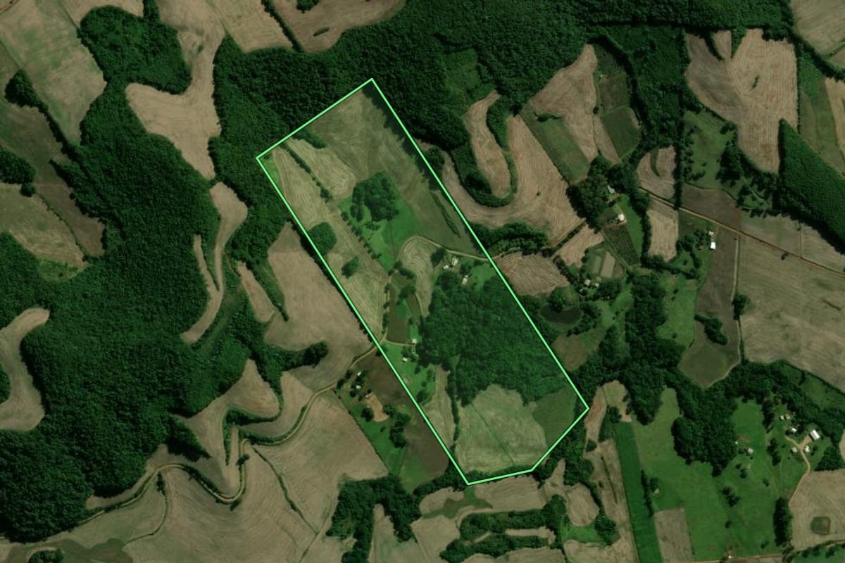 Imagem de satélite do imóvel rural em Santo Expedito do Sul (RS), com o contorno declarado no CAR desenhado por cima.