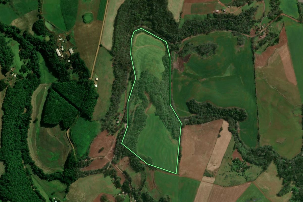 Imagem de satélite do imóvel rural em Santo Expedito do Sul (RS), com o contorno declarado no CAR desenhado por cima.