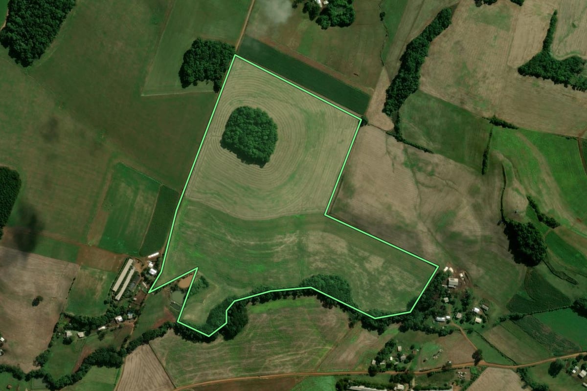 Imagem de satélite do imóvel rural em Santo Expedito do Sul (RS), com o contorno declarado no CAR desenhado por cima.