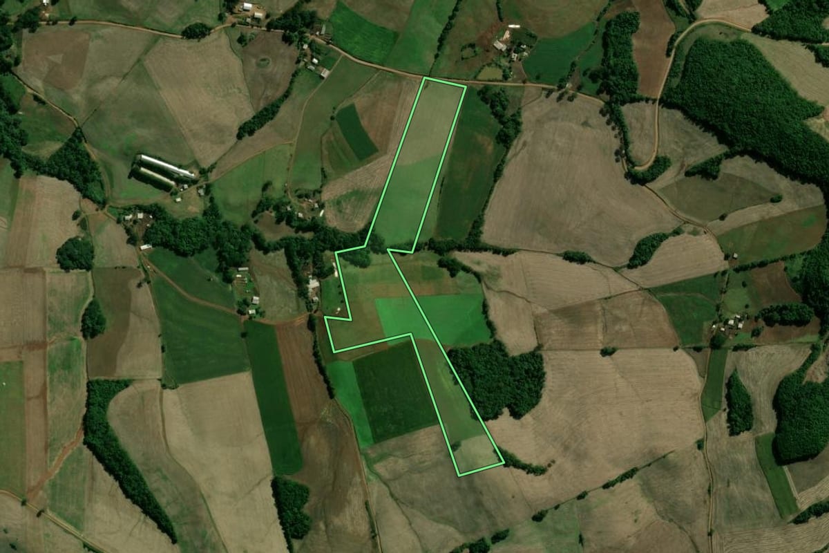 Imagem de satélite do imóvel rural em Santo Expedito do Sul (RS), com o contorno declarado no CAR desenhado por cima.