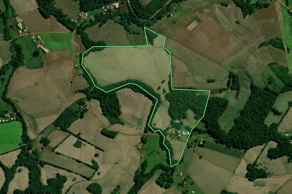 Imagem de satélite do imóvel rural em Santo Expedito do Sul (RS), com o contorno declarado no CAR desenhado por cima.