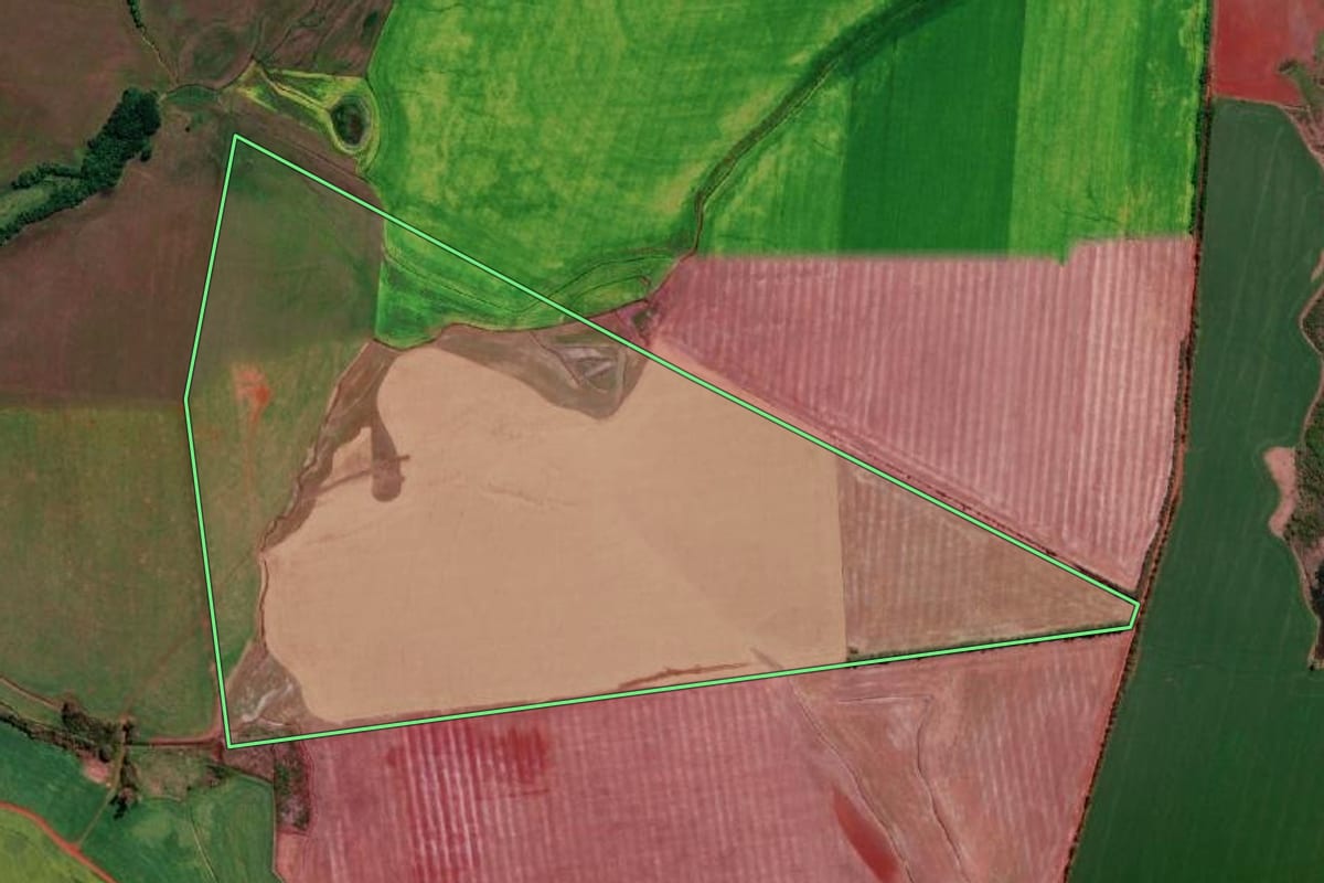 Imagem de satélite do imóvel rural em São Borja (RS), com o contorno declarado no CAR desenhado por cima.
