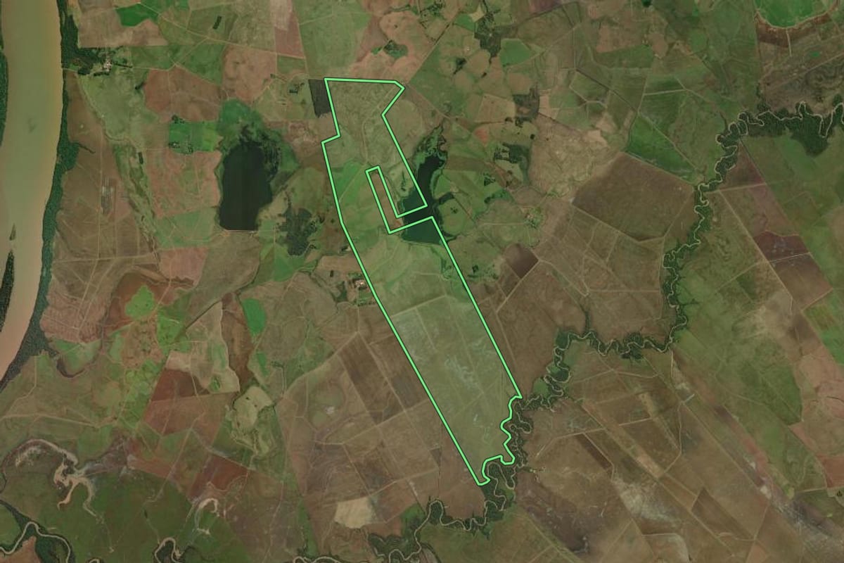 Imagem de satélite do imóvel rural em São Borja (RS), com o contorno declarado no CAR desenhado por cima.