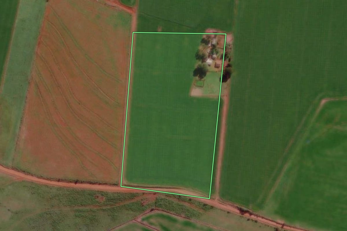 Imagem de satélite do imóvel rural em São Borja (RS), com o contorno declarado no CAR desenhado por cima.