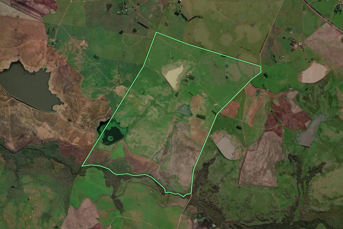 Imagem de satélite do imóvel rural em São Borja (RS), com o contorno declarado no CAR desenhado por cima.