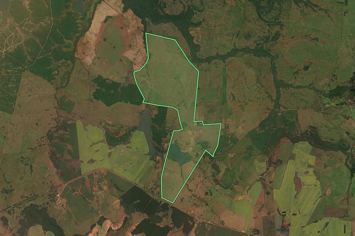 Imagem de satélite do imóvel rural em São Borja (RS), com o contorno declarado no CAR desenhado por cima.
