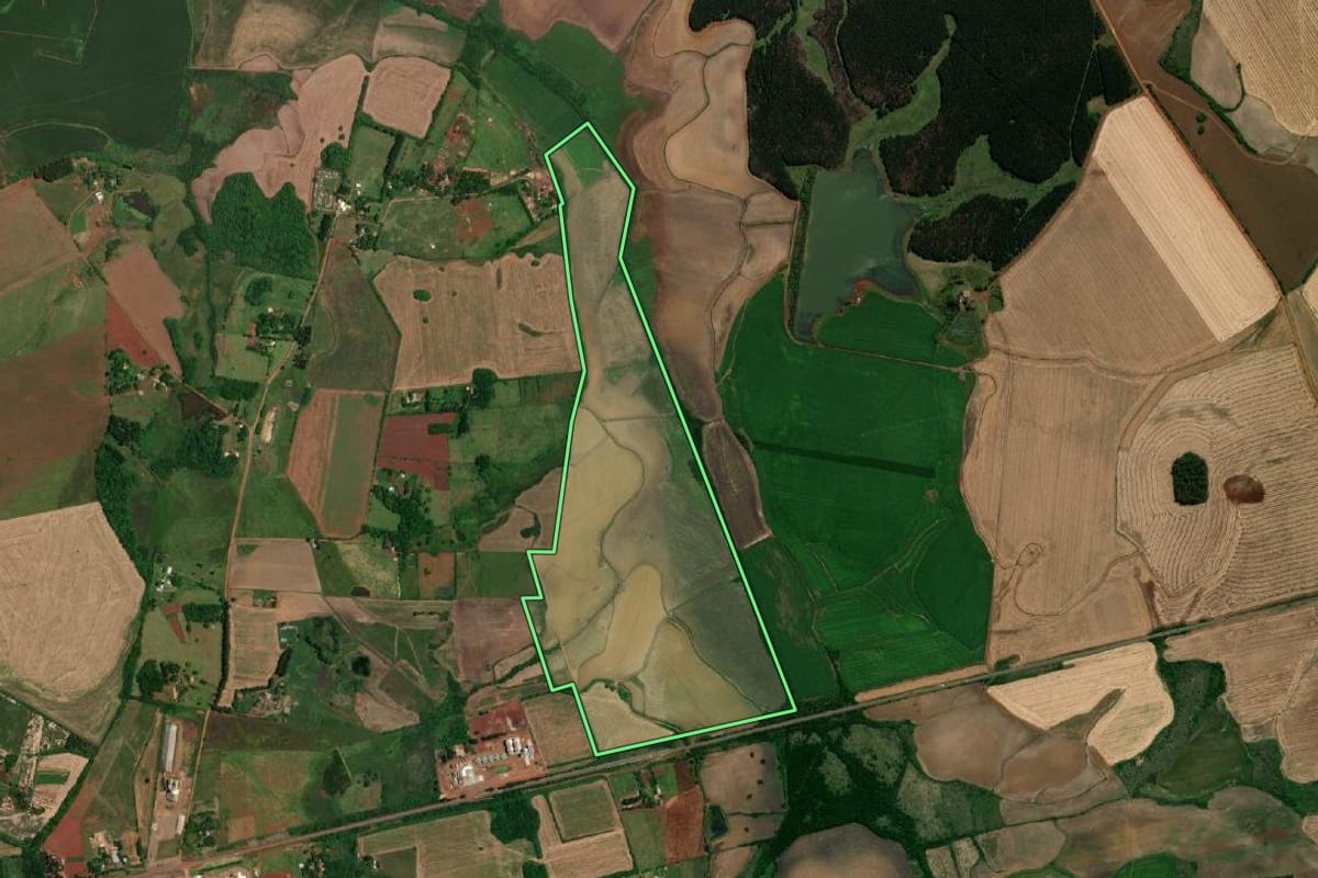 Imagem de satélite do imóvel rural em São Borja (RS), com o contorno declarado no CAR desenhado por cima.