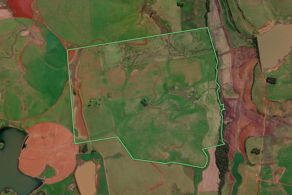 Imagem de satélite do imóvel rural em São Borja (RS), com o contorno declarado no CAR desenhado por cima.