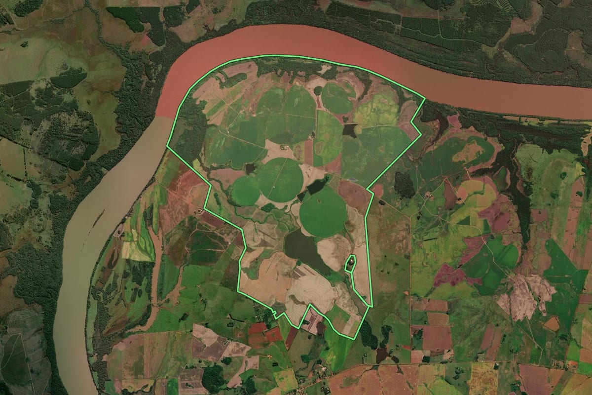Imagem de satélite do imóvel rural em São Borja (RS), com o contorno declarado no CAR desenhado por cima.