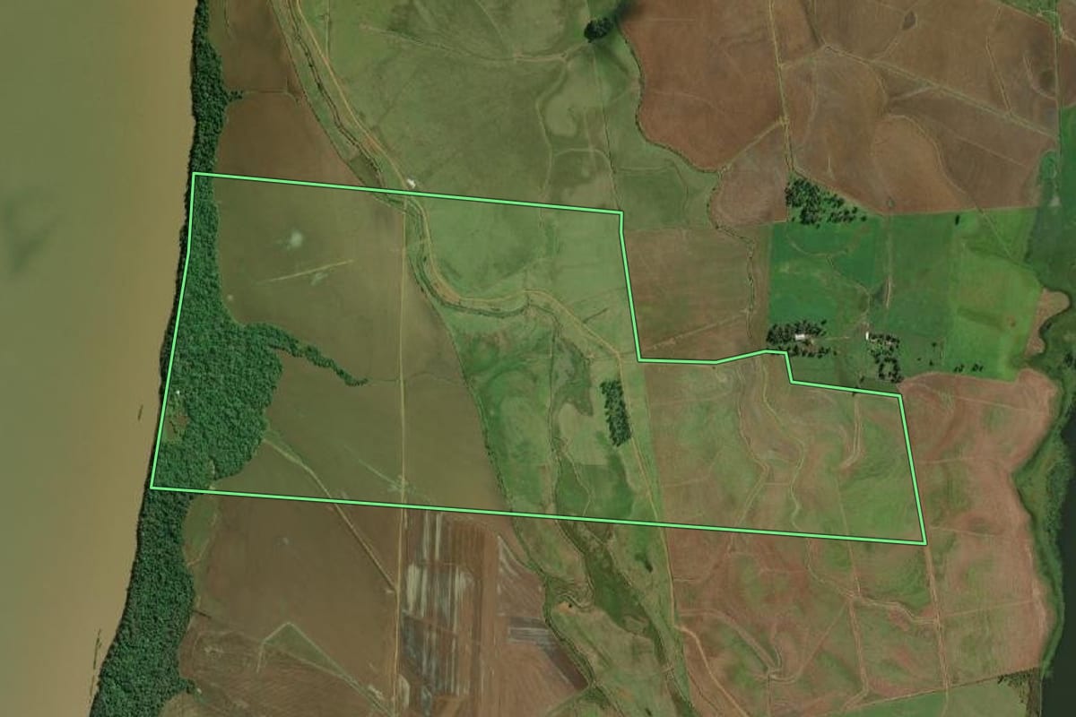 Imagem de satélite do imóvel rural em São Borja (RS), com o contorno declarado no CAR desenhado por cima.