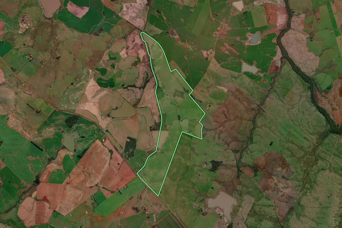 Imagem de satélite do imóvel rural em São Borja (RS), com o contorno declarado no CAR desenhado por cima.