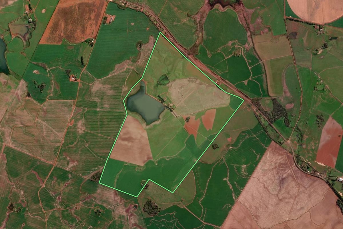 Imagem de satélite do imóvel rural em São Borja (RS), com o contorno declarado no CAR desenhado por cima.