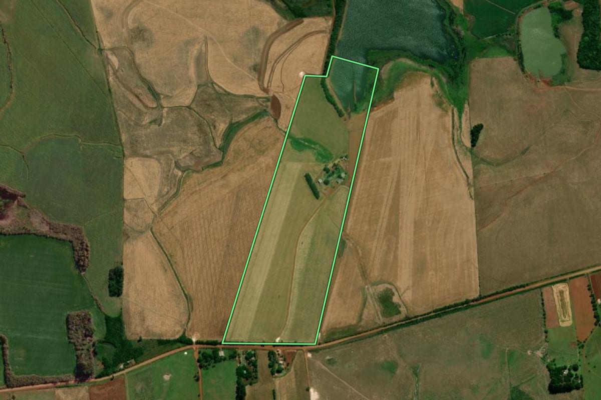 Imagem de satélite do imóvel rural em São Borja (RS), com o contorno declarado no CAR desenhado por cima.