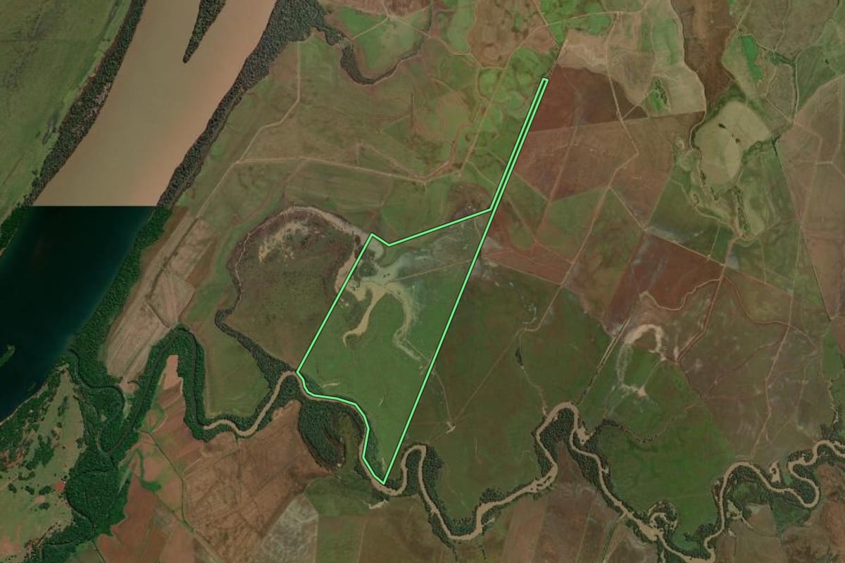Imagem de satélite do imóvel rural em São Borja (RS), com o contorno declarado no CAR desenhado por cima.