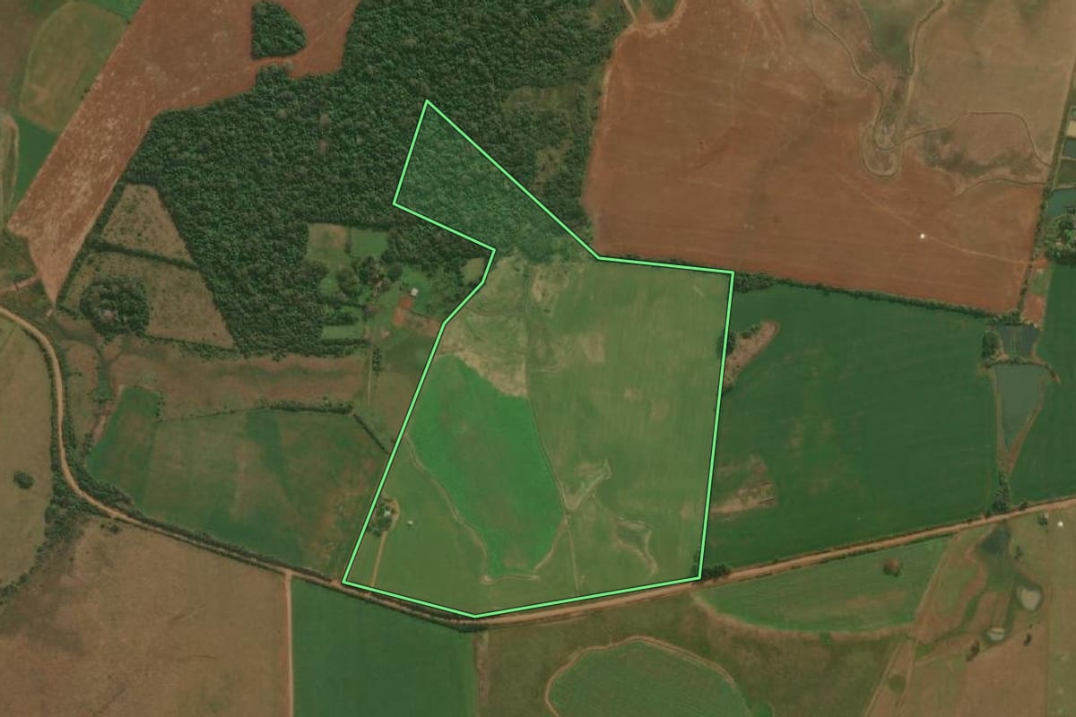 Imagem de satélite do imóvel rural em São Borja (RS), com o contorno declarado no CAR desenhado por cima.