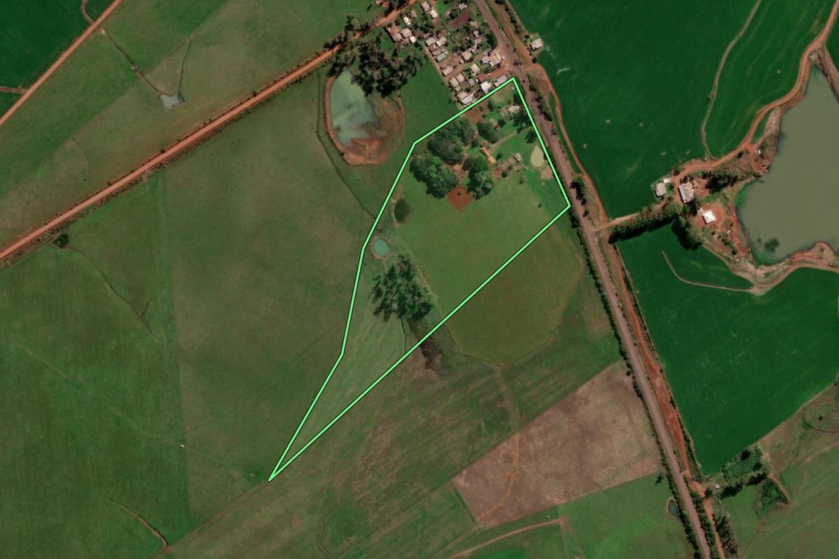 Imagem de satélite do imóvel rural em São Borja (RS), com o contorno declarado no CAR desenhado por cima.