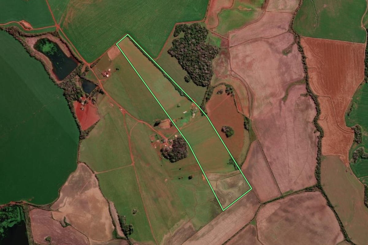 Imagem de satélite do imóvel rural em São Borja (RS), com o contorno declarado no CAR desenhado por cima.