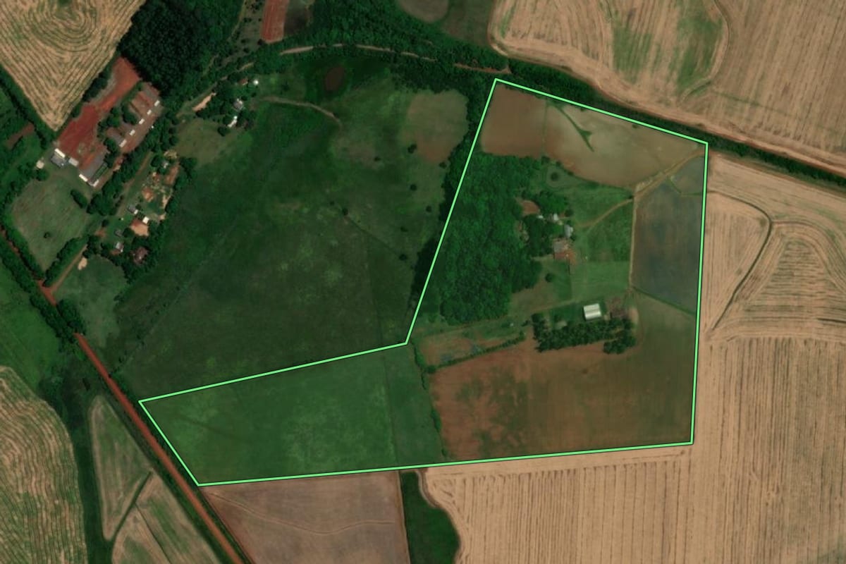 Imagem de satélite do imóvel rural em São Borja (RS), com o contorno declarado no CAR desenhado por cima.