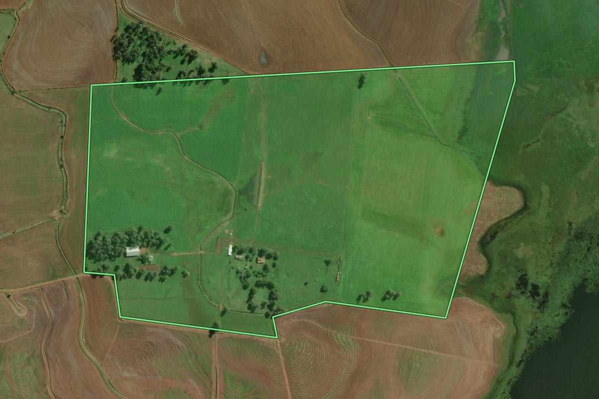 Imagem de satélite do imóvel rural em São Borja (RS), com o contorno declarado no CAR desenhado por cima.