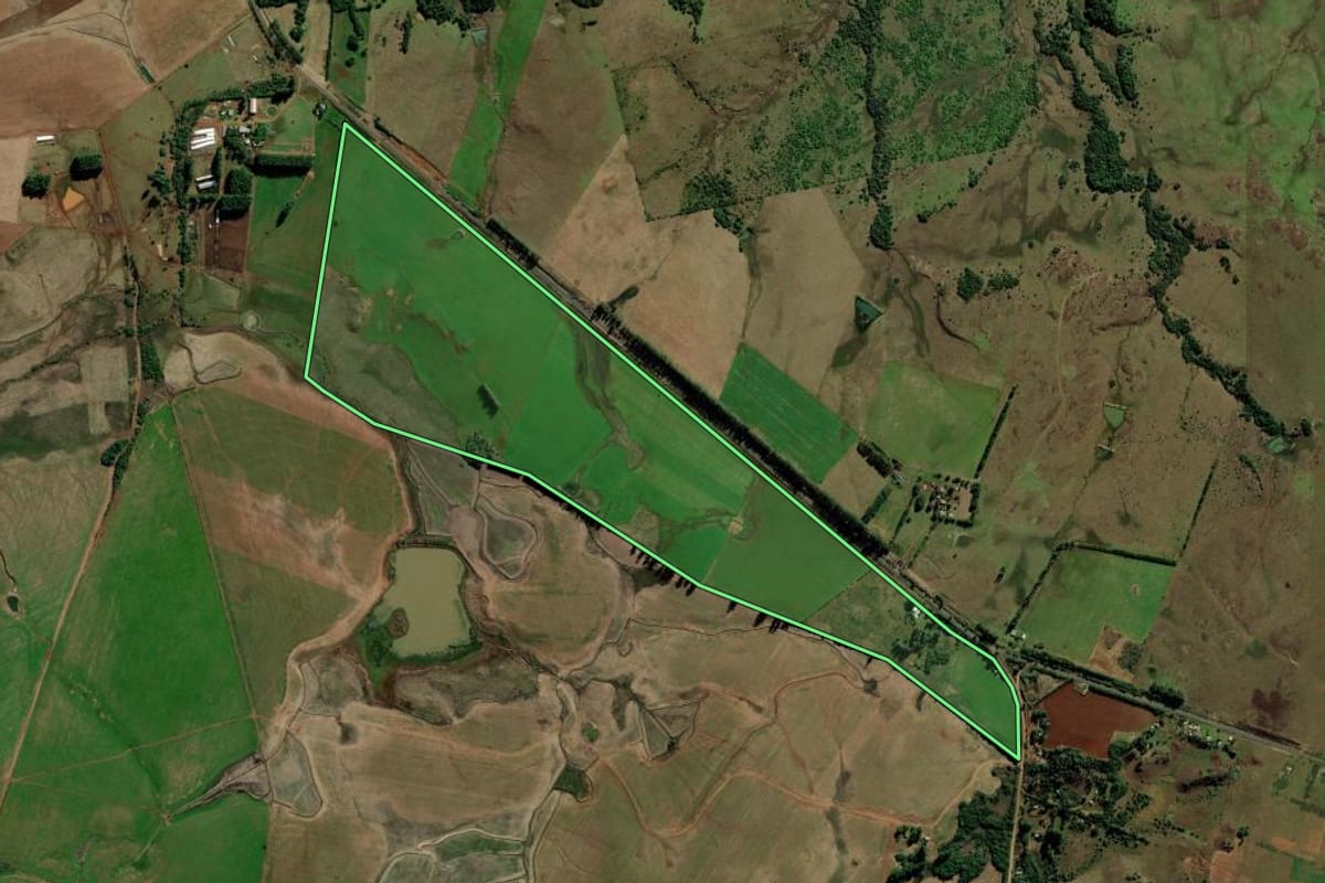 Imagem de satélite do imóvel rural em São Borja (RS), com o contorno declarado no CAR desenhado por cima.