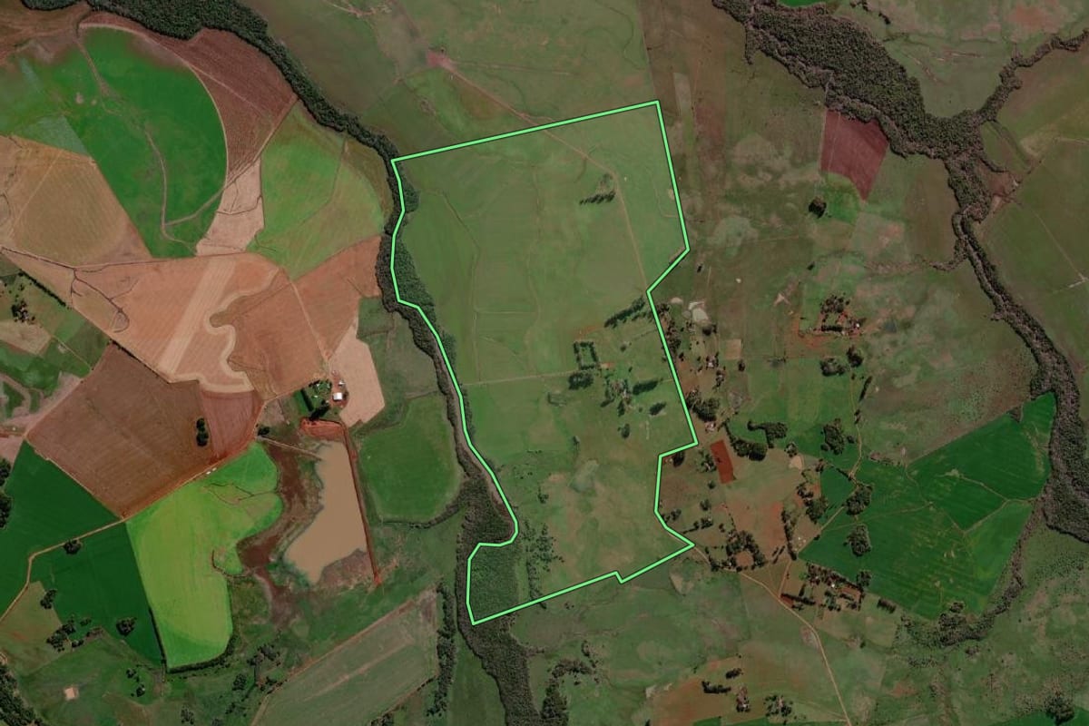 Imagem de satélite do imóvel rural em São Borja (RS), com o contorno declarado no CAR desenhado por cima.