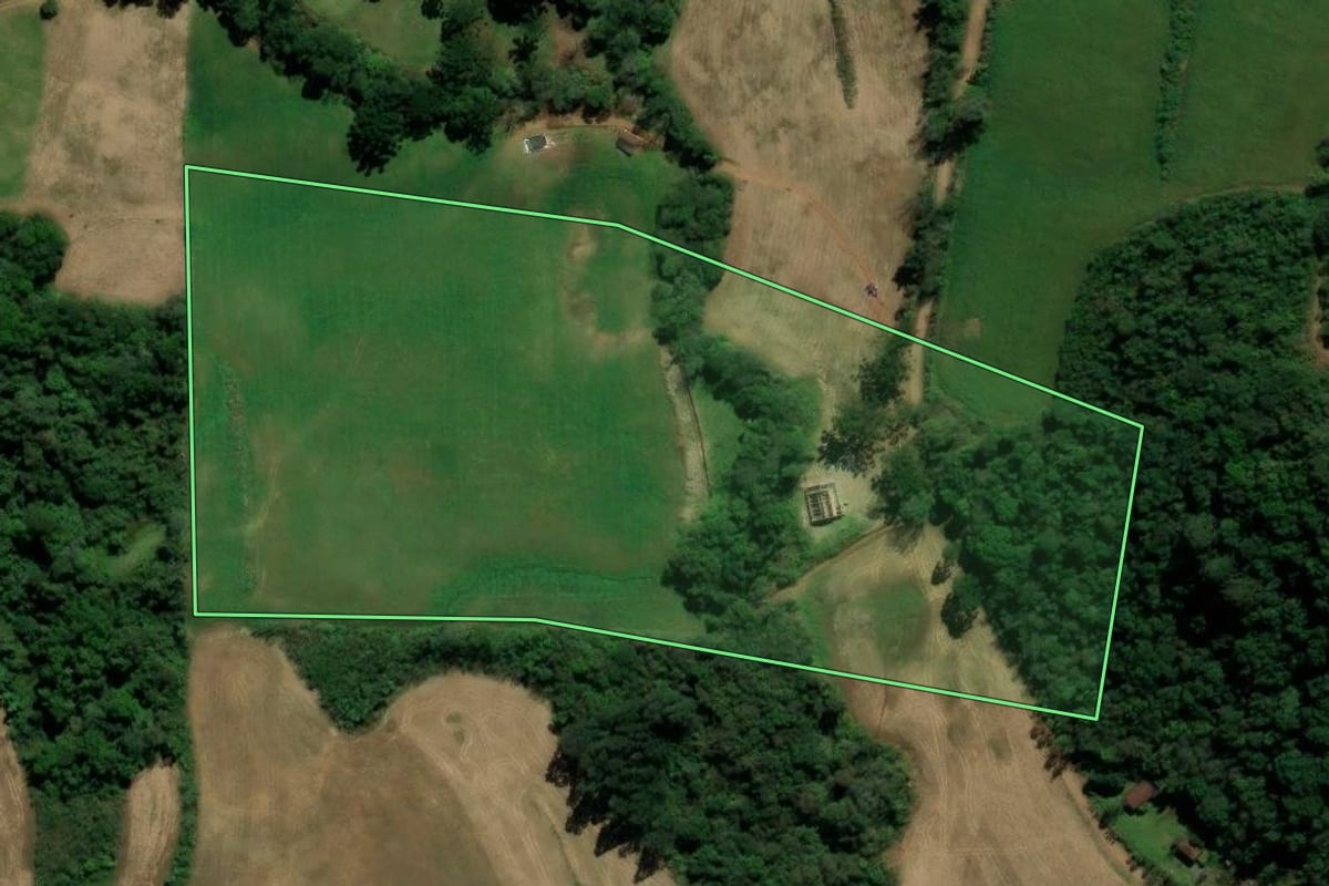 Imagem de satélite do imóvel rural em São Domingos do Sul (RS), com o contorno declarado no CAR desenhado por cima.