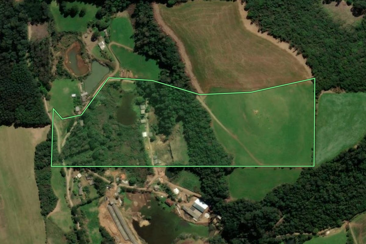 Imagem de satélite do imóvel rural em São Domingos do Sul (RS), com o contorno declarado no CAR desenhado por cima.