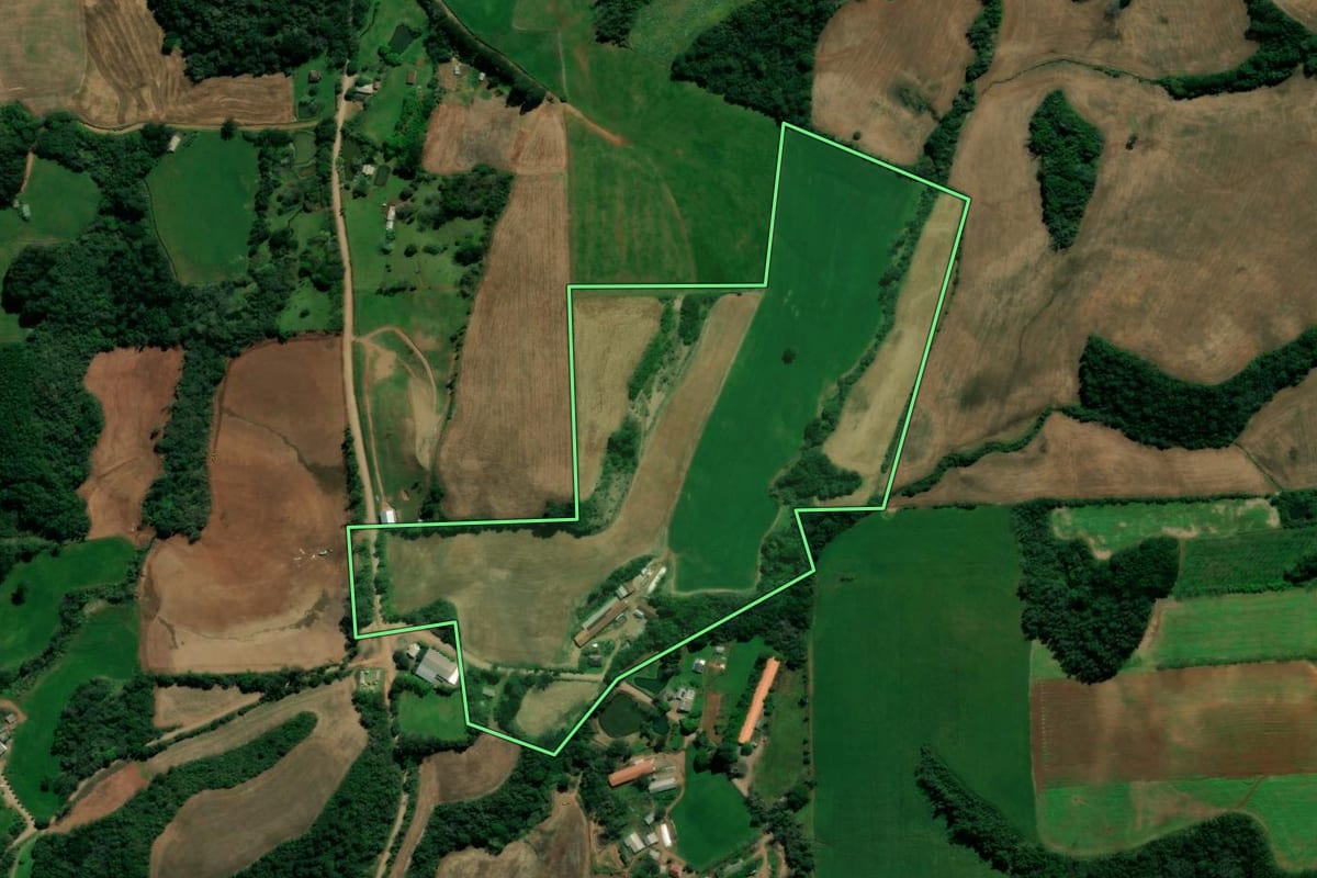 Imagem de satélite do imóvel rural em São Domingos do Sul (RS), com o contorno declarado no CAR desenhado por cima.